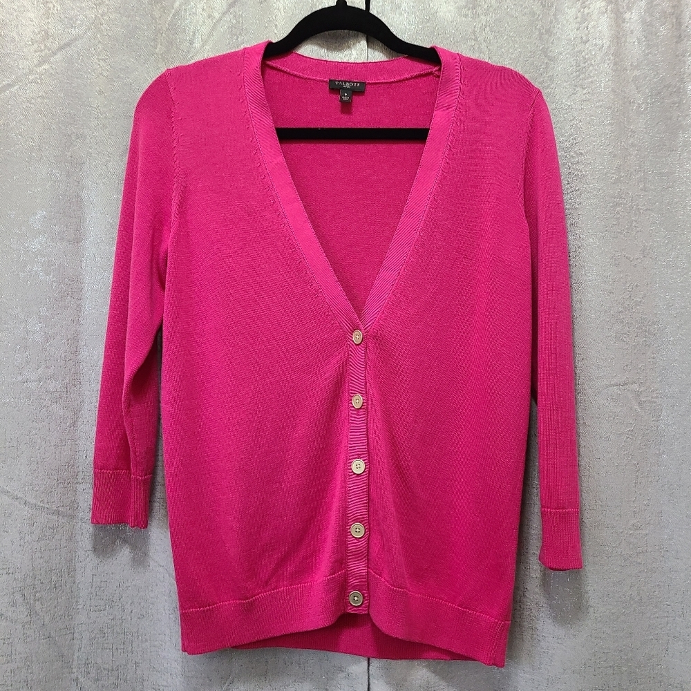 Talbots Womens Petites Pink four button Cardigan Sweater Ribbed Trim Small